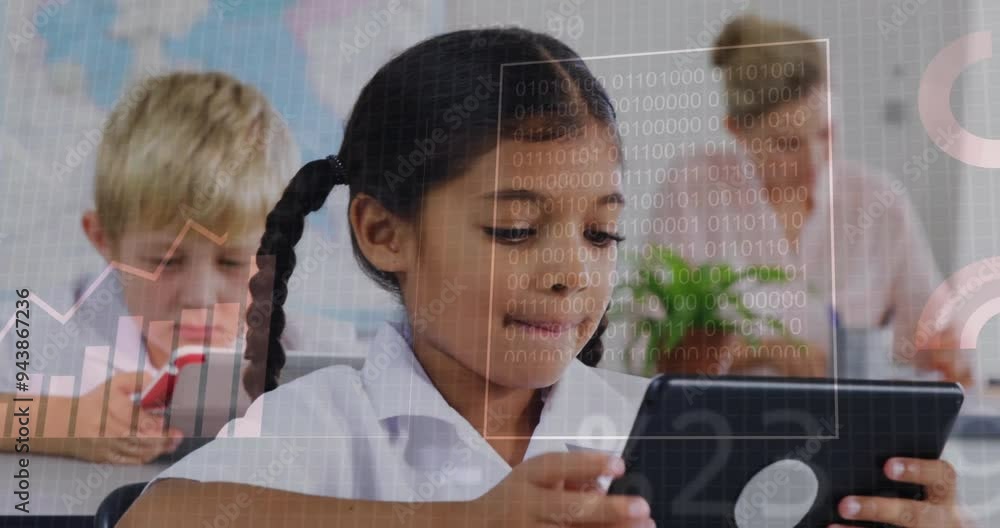 Poster binary code and data processing animation over children using tablets in classroom
