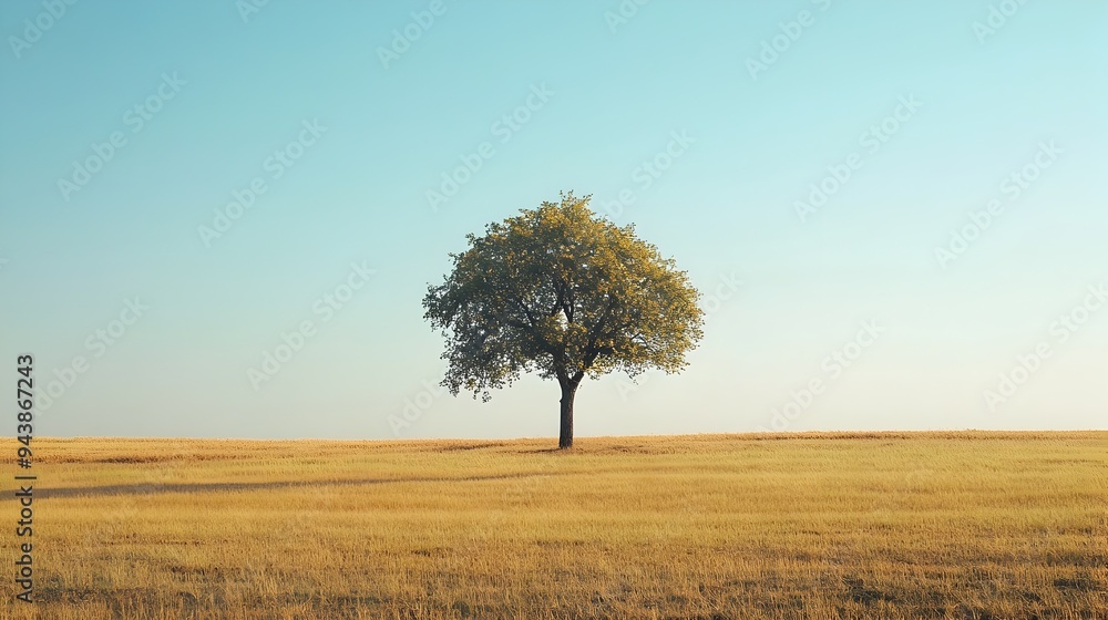 Poster a single tree stands majestically in the middle of a vast open field surrounded by lush grass and ba