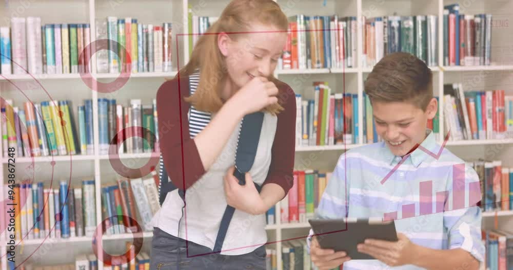 Poster graph and data analysis animation over students using tablet in library