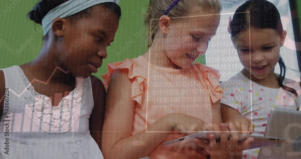 Poster binary code animation overlaying children using tablet together in school