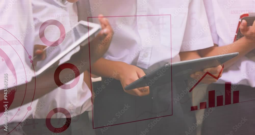 Poster students holding tablets, data analytics and binary code animation over scene