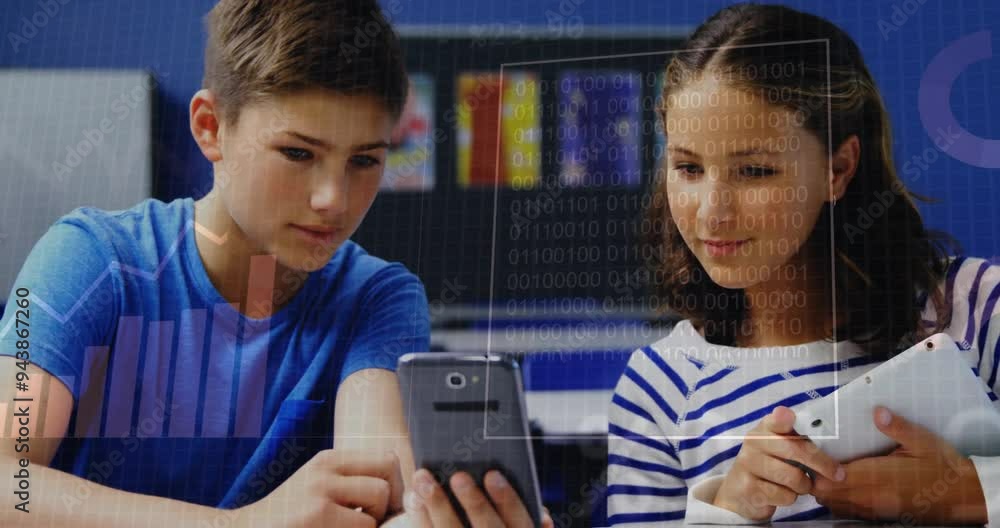 Poster in school, children using smartphones with binary code and data processing animation