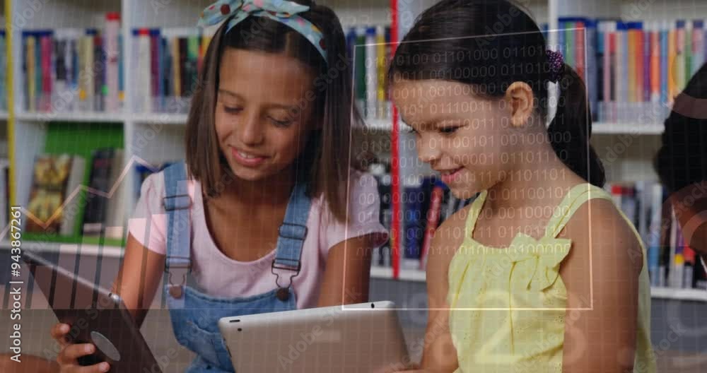 Poster binary code animation over children using tablets in school library