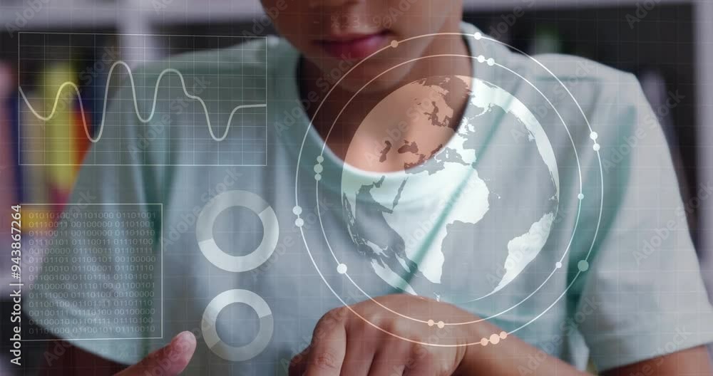 Poster using touchscreen device, person analyzing global data with animated interface