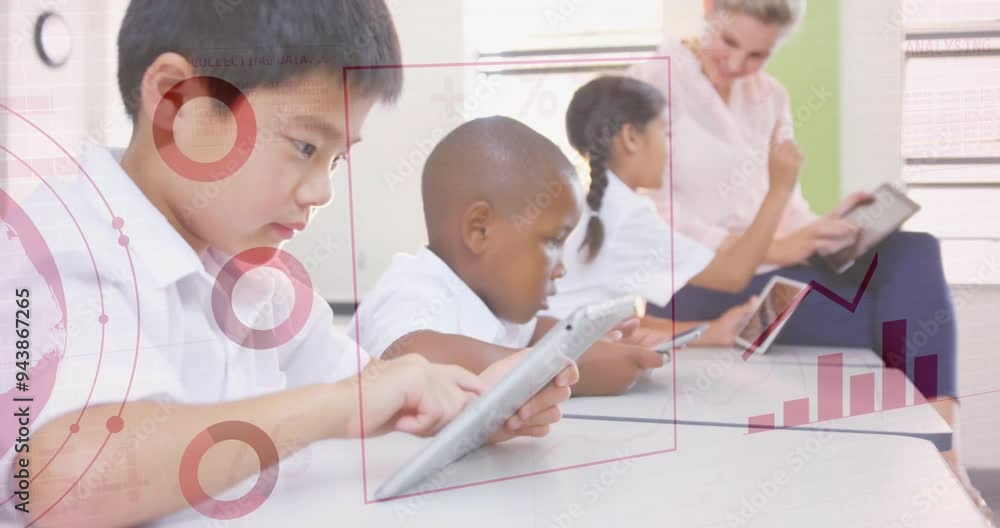 Poster children using tablets in classroom with data analysis animation over them