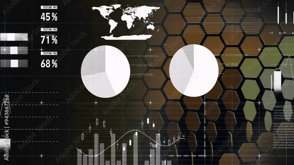 Poster financial data and global statistics animation over hexagonal pattern background
