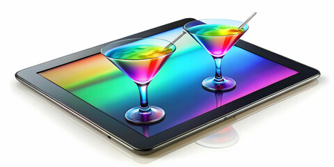 Tablet with floating holographic cocktail icons with ample copy space concept as A tablet is set on a white background with two holographic cocktail icons hovering above it. The camera captures the sc
