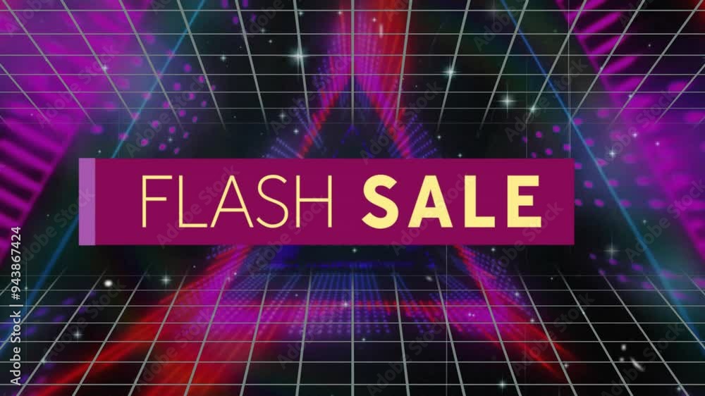 Poster Flash Sale text animation over retro grid and colorful lights background