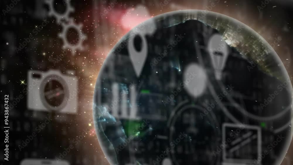 Aufkleber earth rotating with data processing animation over technological icons and graphs