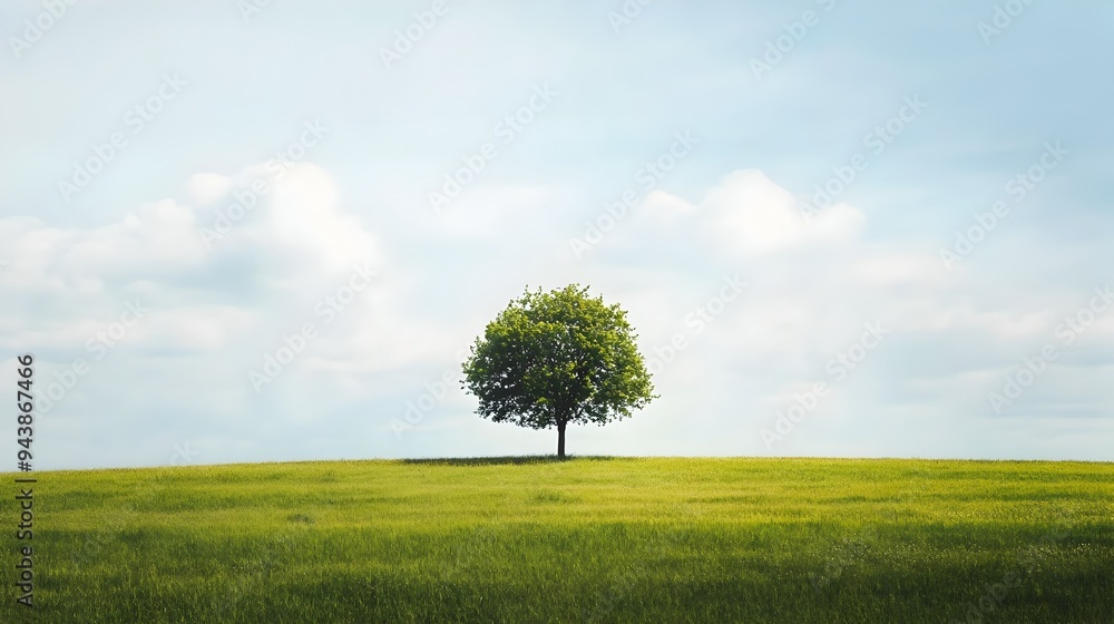 Poster serene landscape of a single tree positioned centrally in an expansive open field presenting ample c