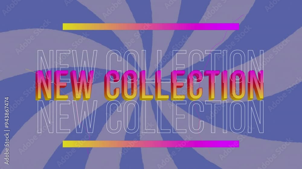 Poster text animation over colorful radial background with new collection displayed