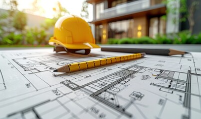 A detailed architectural blueprint lies on a table, accompanied by a yellow helmet and pencil. The background hints at a tranquil outdoor space, suggesting ongoing construction activity