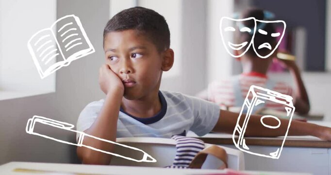 Bored student in classroom surrounded by school supplies and theater masks animation