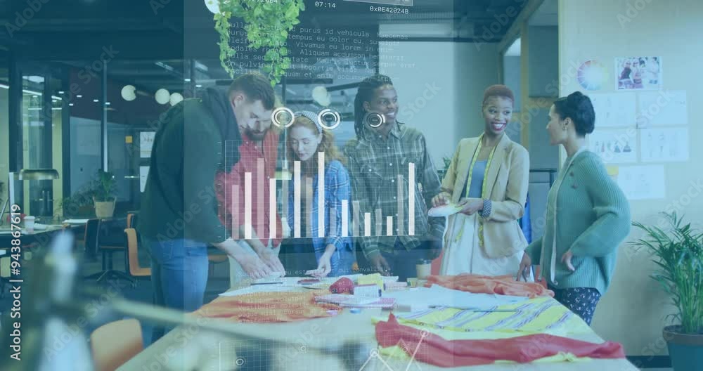 Poster business data analytics animation over diverse team collaborating in modern office