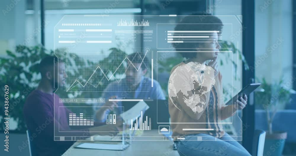 Poster Digital data and world map animation over business people working in office