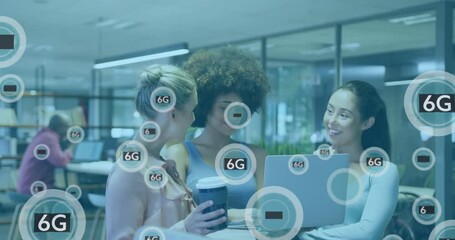 6G technology animation over diverse businesswomen collaborating in modern office - Powered by Adobe