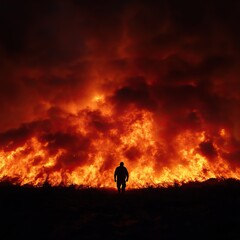 Obraz premium A silhouetted figure stands before a raging wildfire, showcasing the power and intensity of nature's destructive force.