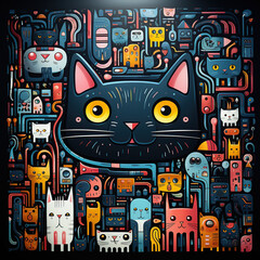 Obraz premium A black cat with yellow eyes looks out at the viewer, surrounded by a chaotic pattern of multicolored cats and abstract shapes.