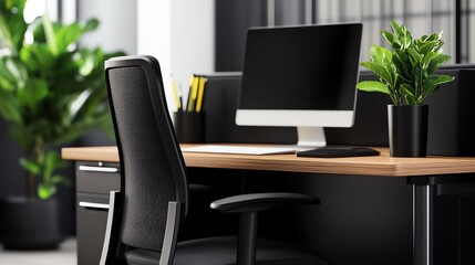 Fototapeta premium Modern office workspace featuring a sleek desk, computer, and decorative plants for a stylish and productive environment.