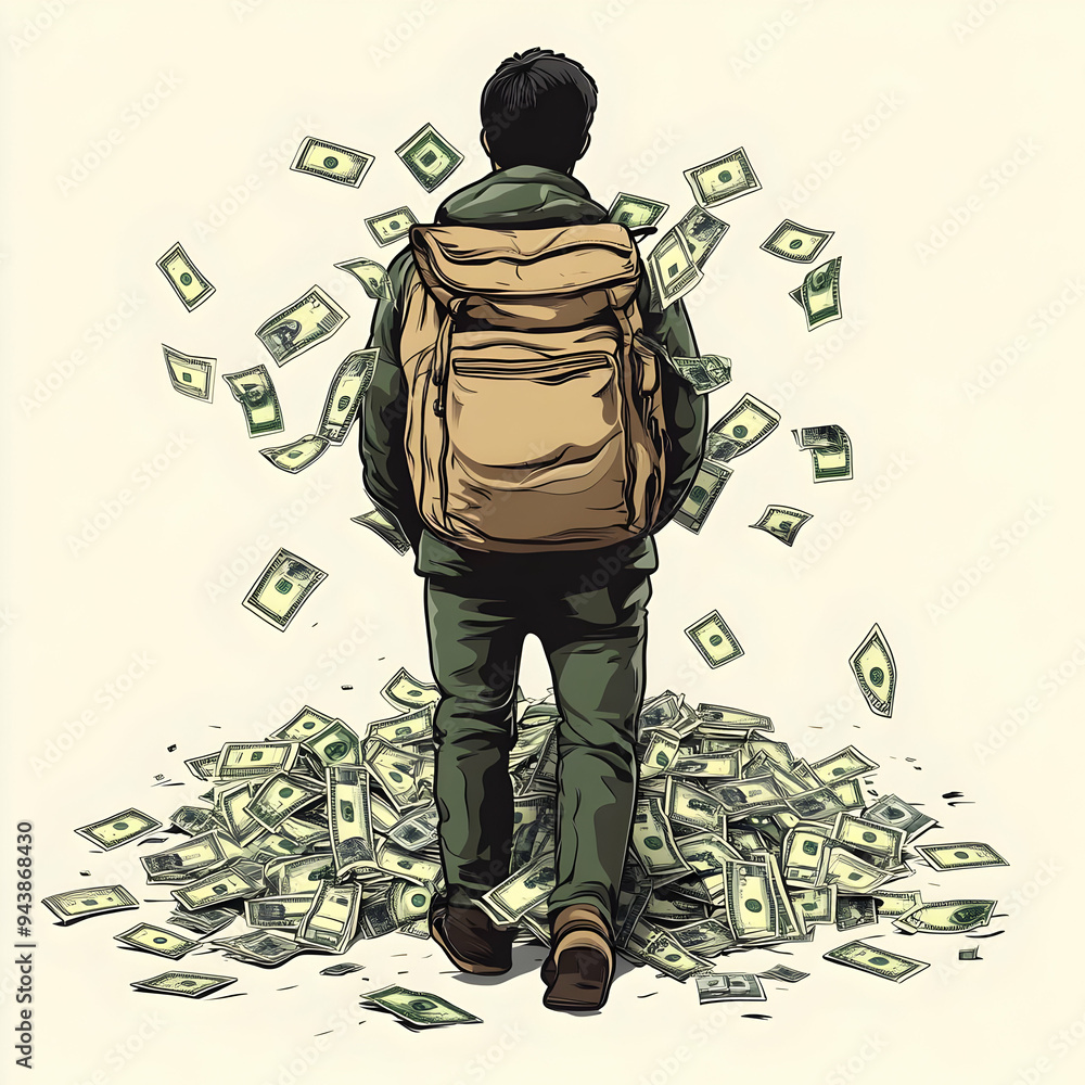 Poster person with money backpack concept as a person with a backpack overflowing with money set against a 