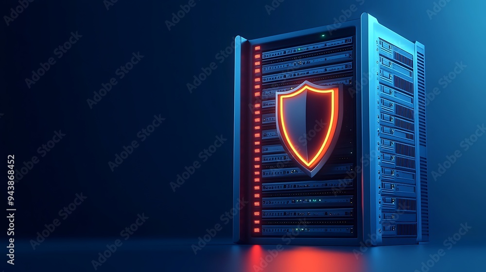 Poster secure data server with a glowing shield icon representing cybersecurity, protection, and data safet