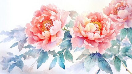 Watercolor illustration of traditional hand painted peony flowers in an ancient style