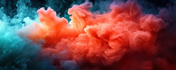 A vibrant explosion of colored smoke billowing through a dark background, creating an abstract and dynamic visual effect.