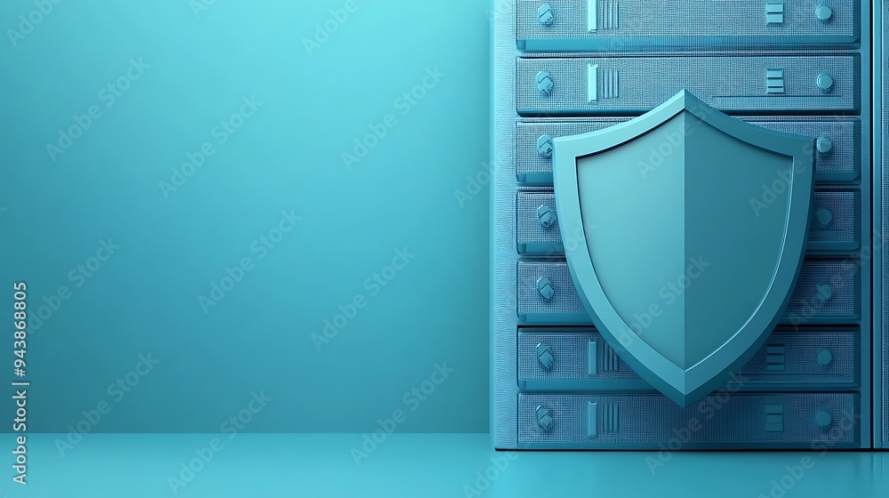 Poster secure data server with shield symbolizing cybersecurity and protection. concept of data storage sec