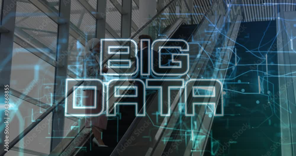 Poster big data text animation over people using escalator in modern building