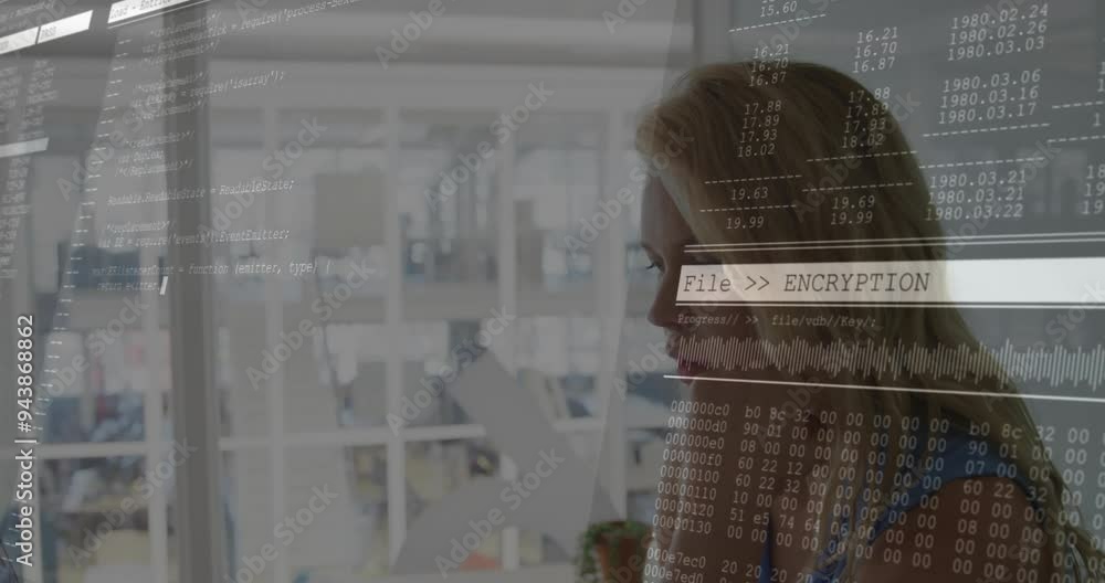 Poster file encryption and data processing animation over woman working in office