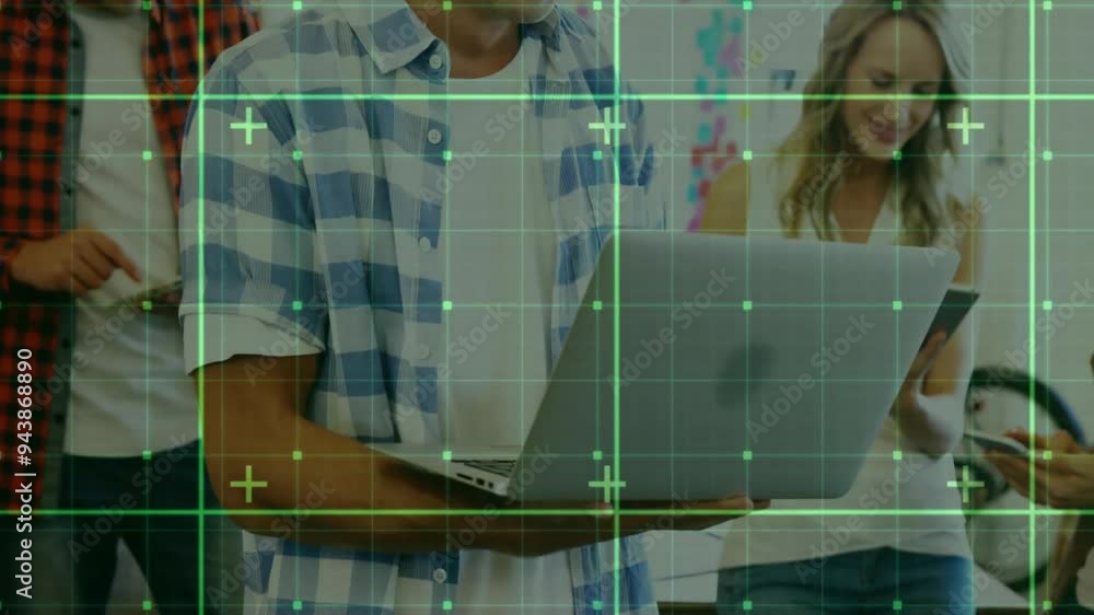 Poster grid and data points animation over people working with laptop in office
