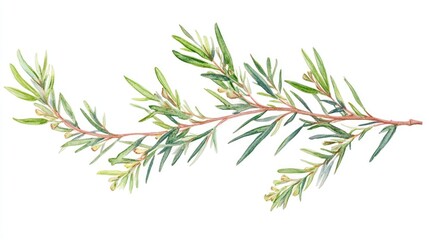 Fototapeta premium Watercolor illustration of a tea tree branch Melaleuca alternifolia hand drawn