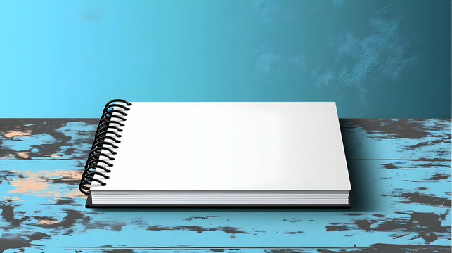 Blank spiral notebook on a blue rustic wooden surface.