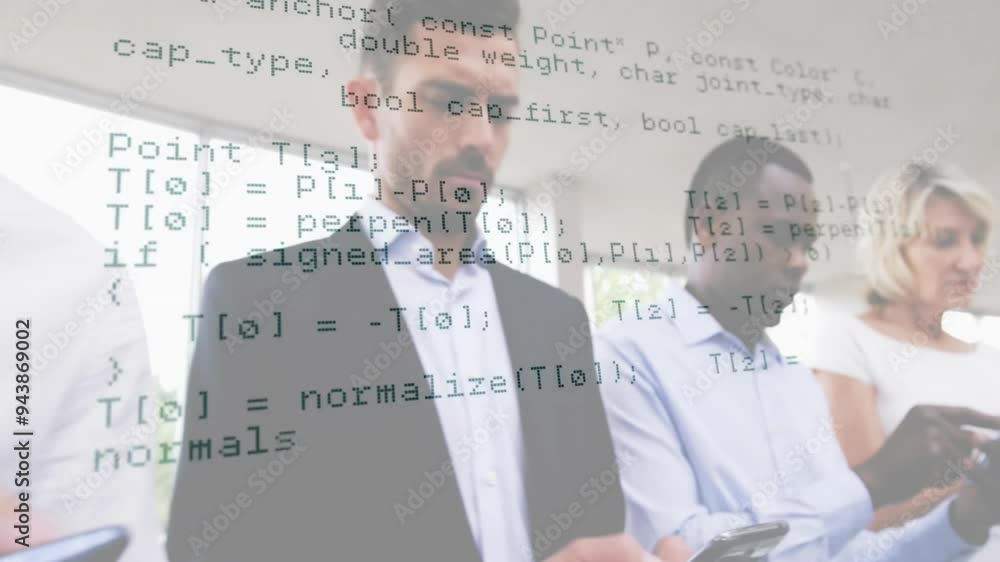 Poster computer code animation over business people working on mobile devices