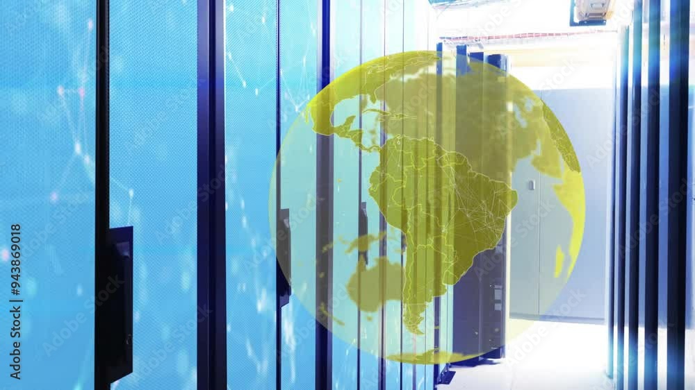 Poster yellow globe animation over data servers in modern data center