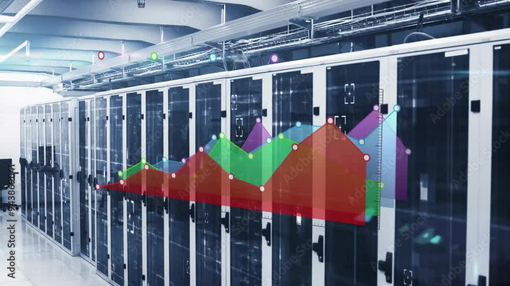 Poster colorful data chart animation over server racks in data center