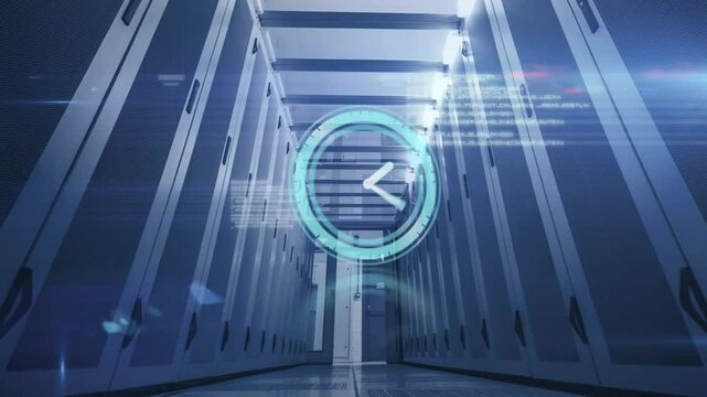 Animating digital clock over server room with blue lighting - Powered by Adobe