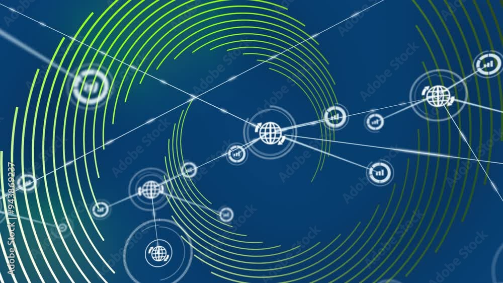 Poster network connections and data nodes animation over blue background with green circles