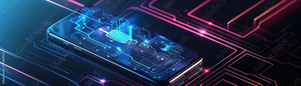 Poster digital smartphone circuitry with futuristic neon lights, representing modern technology and mobile 