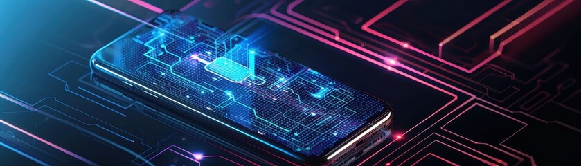Digital smartphone circuitry with futuristic neon lights, representing modern technology and mobile networking innovation.