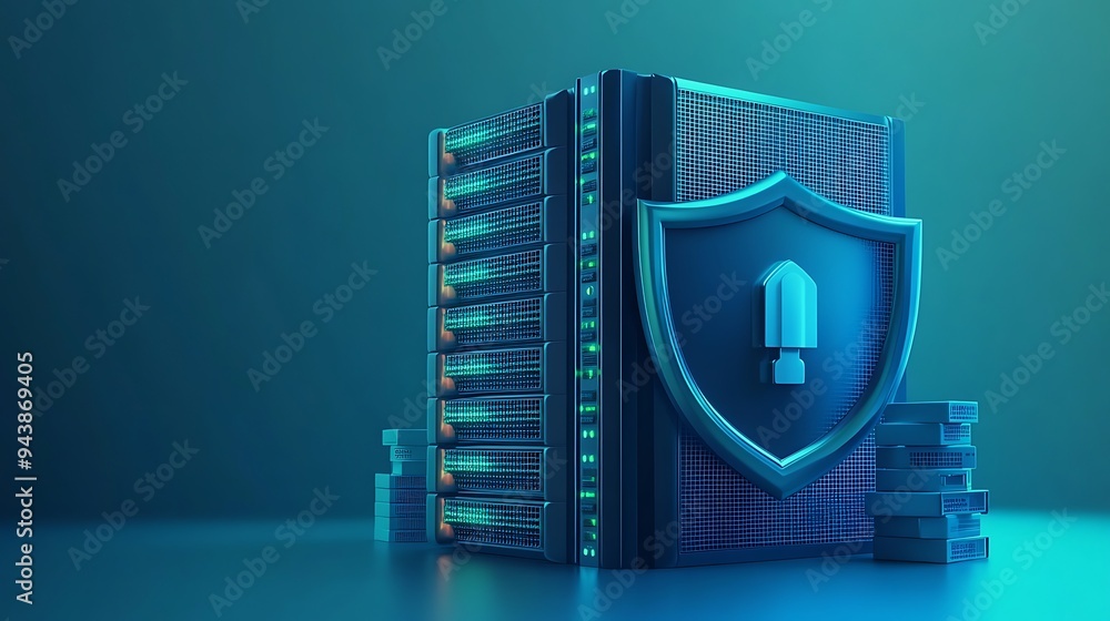 Poster secure server concept with shield and lock symbol, representing data protection, cybersecurity, and 
