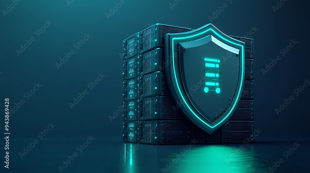 Poster secure server data protection concept. digital shield ensuring cybersecurity of server racks in a da