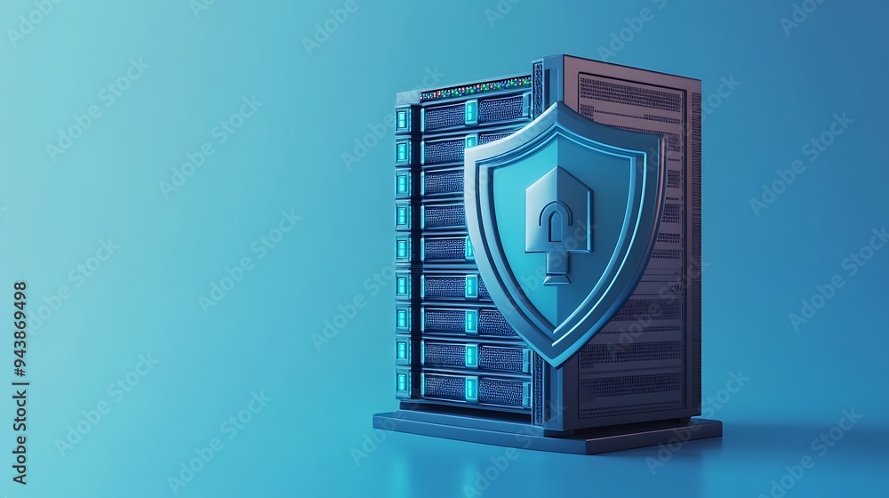 Poster secure server data protection with a shield icon on blue background representing cybersecurity and i