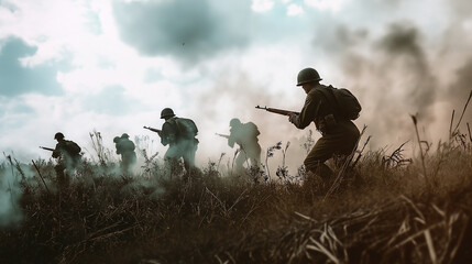 World war two Group of armed soldiers running through field during battle