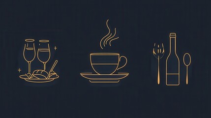 Stylish vector illustrations depict champagne glasses, a steaming cup, and elegant cutlery, representing a sophisticated dining experience