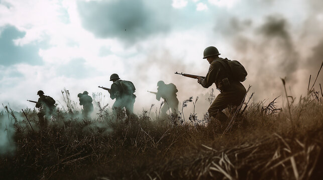 World war two Group of armed soldiers running through field during battle
