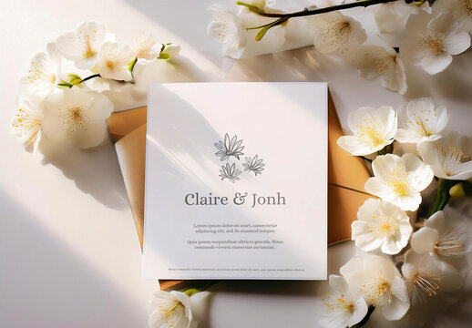 Wedding Invitation Mockup With White Sakura Flowers in the Sunrise Light With Generative AI