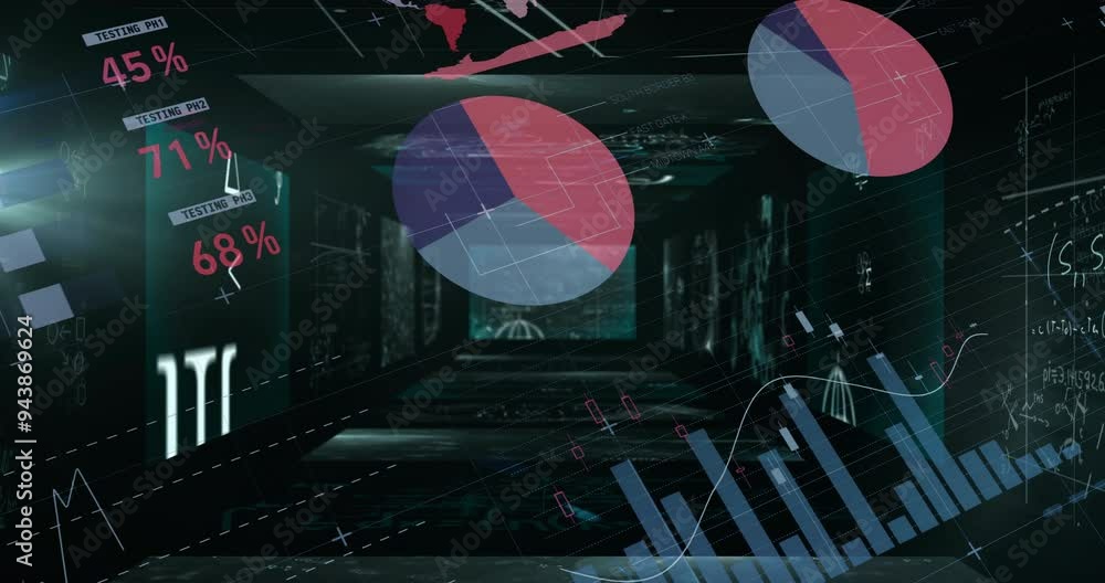 Poster graphs and pie charts animation over dark hallway with data projections
