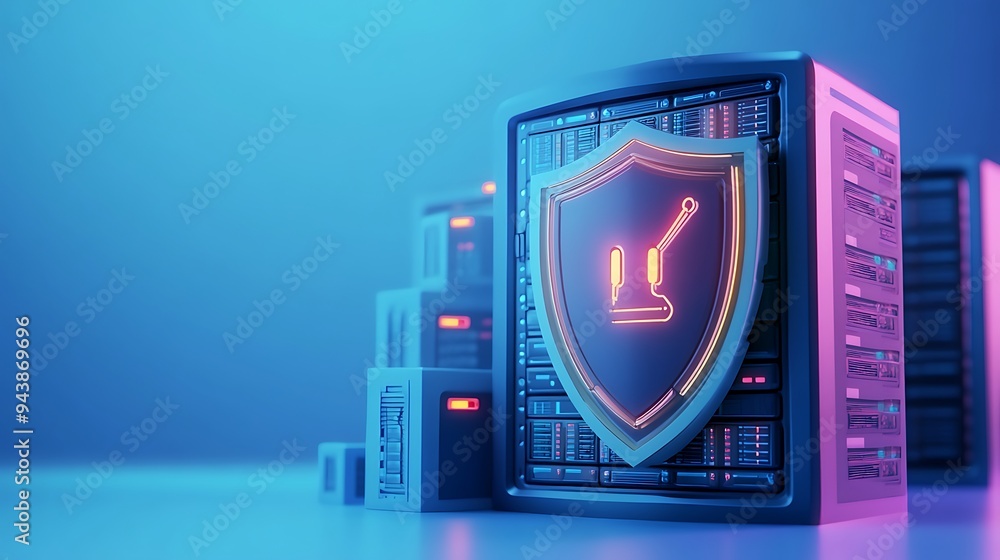 Poster Secure server network with glowing cybersecurity shield and data storage units in a futuristic blue and purple environment.