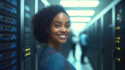 IT Professionals Smiling While Configuring Network Servers in a High-Tech, Secure Data Center with Advanced Technology and State-of-the-Art Infrastructure

